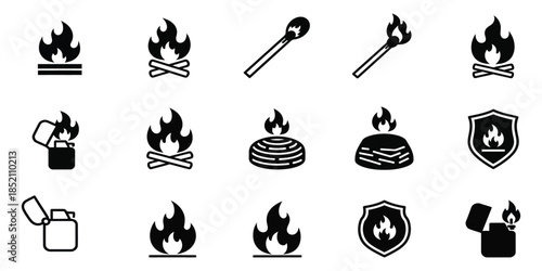 Vintage Flame Ink icon Illustration, set of Hand-Drawn Fire Element Art, Retro Monochrome Burning Design.	Vector