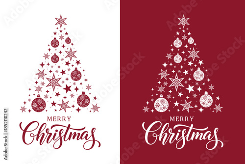  Elegant Merry Christmas greeting card set featuring stylized star Christmas trees on red and white backgrounds, festive typography and decorative stars, perfect for holiday cards, invitations.