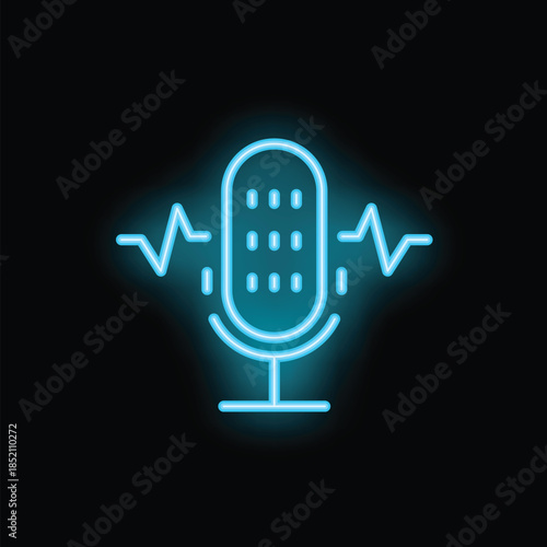 Blue neon icon of a vintage microphone broadcasting audio waves on a black background