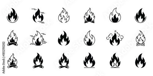 Vintage Flame Ink Illustration icon set, Hand-Drawn Fire Element Art, Retro Monochrome Burning Design.
