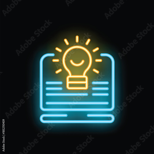 Neon sign representing a light bulb shining over a laptop screen, symbolizing online idea generation