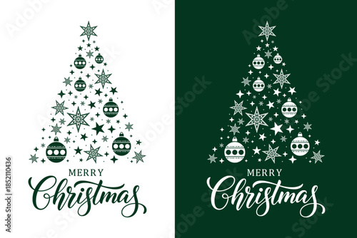 Elegant Merry Christmas greeting card set featuring stylized star Christmas trees on green and white backgrounds, festive typography and decorative stars, perfect for holiday cards, invitations.