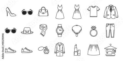 Minimalist Line Art Icon Set of Fashion Clothing and Accessories on White Background.
