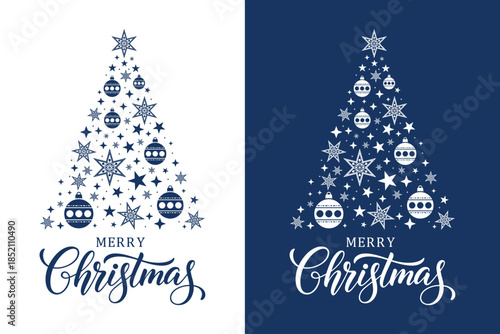  Elegant Merry Christmas greeting card set featuring stylized star Christmas trees on blue and white backgrounds, festive typography and decorative stars, perfect for holiday cards, invitations.