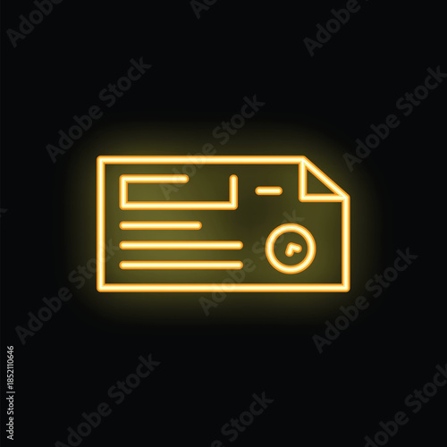 Bright yellow neon icon of a postcard glowing on a black background