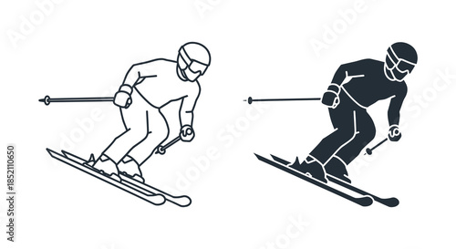 Two skiers in action depicted in line art and a dramatic black silhouette