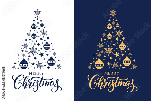Elegant Merry Christmas greeting card set featuring stylized star Christmas trees on blue and gold backgrounds, festive typography and decorative stars, perfect for holiday cards, invitations.