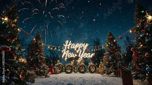 New Years Eve Fireworks Celebration Winter Scene.