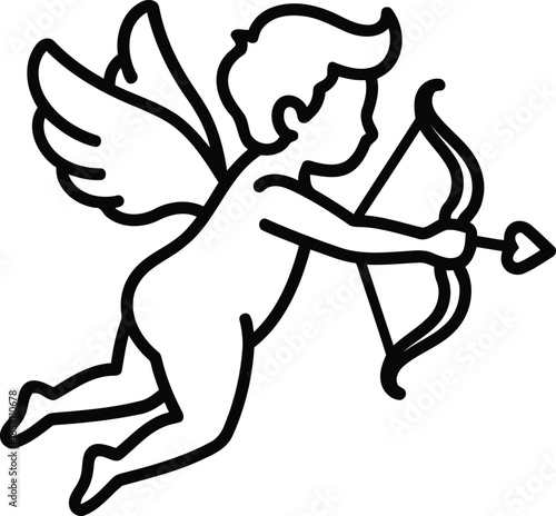 Delicate line art illustration of a flying winged cherub with a bow and arrow, embodying love and romance, perfect for Valentine's Day and affectionate themed designs