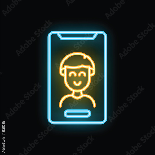 Neon sign representing a video call with a happy person on a smartphone