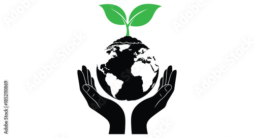 Hands cradling the earth with a sprouting plant a symbol of care silhouette