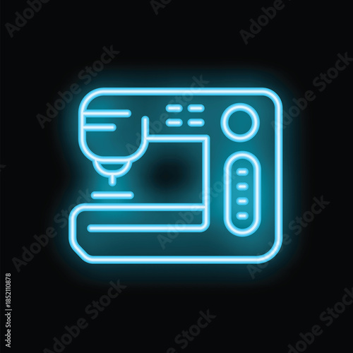 Blue neon icon of a sewing machine glowing on a dark background, perfect for websites and mobile apps