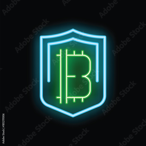 Glowing neon sign showing the bitcoin symbol inside a shield, suggesting the security and protection of cryptocurrency