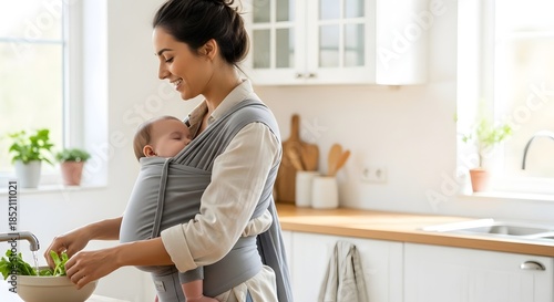 A happy woman cooking with a baby in a carrier, illustrating the modern motherhood lifestyle concept in a bright kitchen