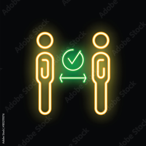 Neon glowing icon of social distancing with two persons and a green check mark