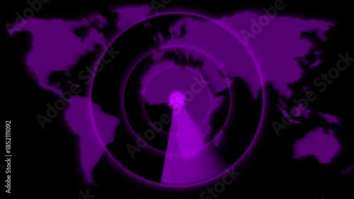 Digital Radar Screen Displaying World Map with Purple Glowing Concentric Circles and Scan Line animation.High-tech purple radar displaying world map outlines with dynamic concentric pulse effects.