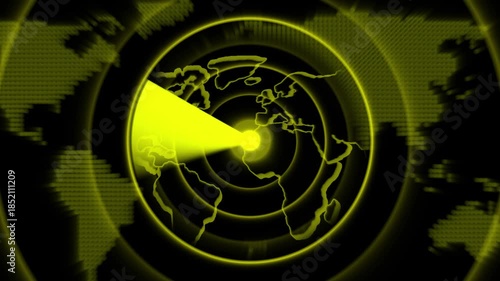 Yellow Radar Displaying World Map with Glowing Sweep and Concentric Circles on Dark animation Background. High-tech yellow radar animation tracking global zones with glowing circular scan effects.
