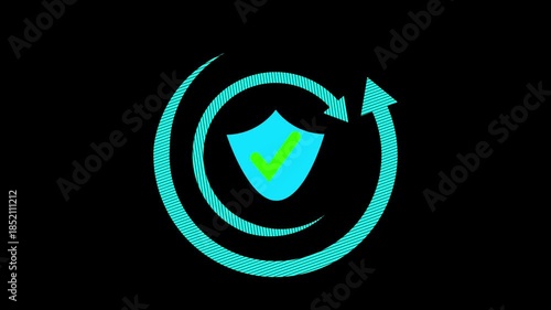 Cyan Shield Icon with Green Check Mark Inside Circular Arrows on animation Black Background security. Glowing cyan security shield and green check symbol spinning smoothly inside protection rings.