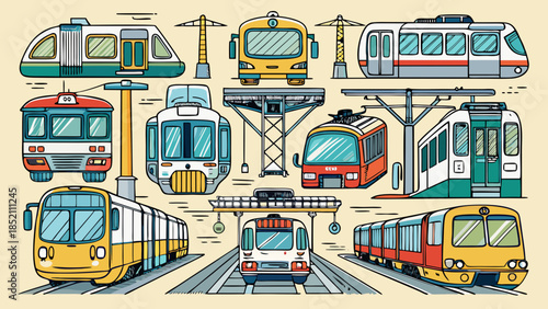 Colorful array of modern trains