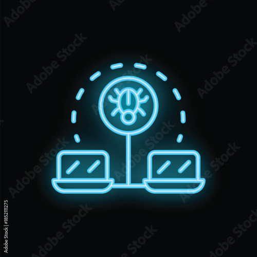 Neon blue icon of a computer virus spreading between two laptops, on a black background