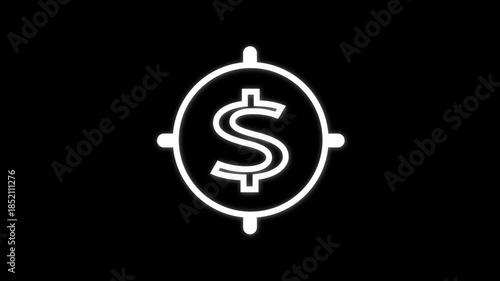 Finance icon featuring a white dollar sign in a precision target reticle on a dark animation background. Animation White Dollar Sign Inside a Target Reticle Icon on Black Background money finance.