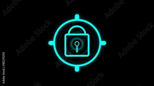 Cyan Padlock Icon Inside a Target Reticle on animation Black Background security safety. Cybersecurity concept with cyan lock icon placed inside a precision reticle on black animation backdrop.