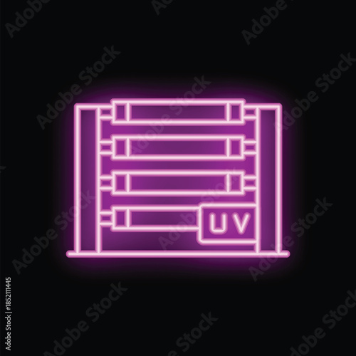 Neon icon of uv black light tanning bed showing ultraviolet lamps glowing for indoor sun tanning salon