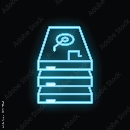 Glowing blue neon icon depicting a stack of hard disk drives, symbolizing data storage