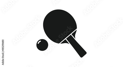 A simple black and white depiction of a table tennis paddle and ball silhouette