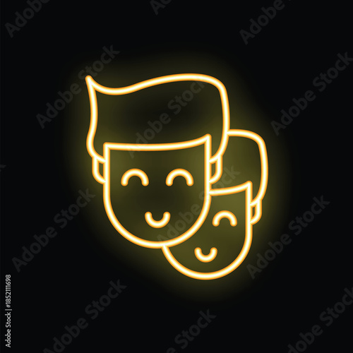 Neon sign depicting two happy faces, glowing with warm yellow light, symbolizing joy, friendship, and positive emotions