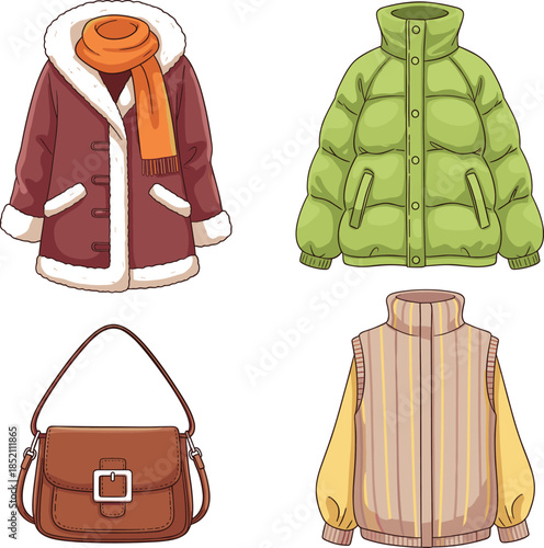 Winter clothing and accessories set including heavy coat with scarf puffer jacket leather handbag and warm knitted sweater isolated on white background.