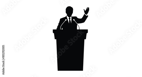 A man giving a speech at a podium a striking black and white silhouette
