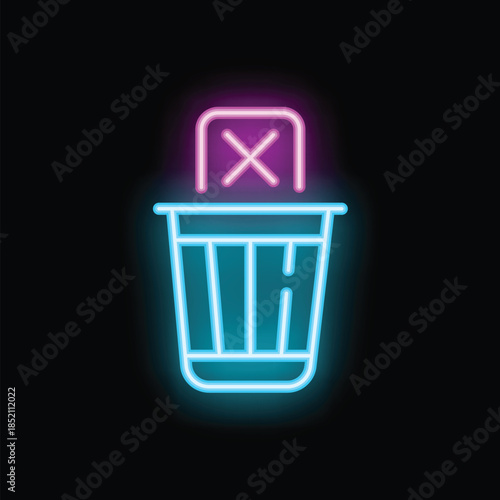 Glowing neon sign representing deleting an email message with a cross sign and a trash can on a black background