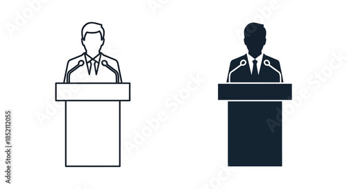 Two depictions of a speaker at a podium one outlined and one a dark silhouette