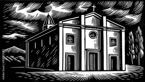 A serene church stands alone under a dramatic sky at dusk viewpoint