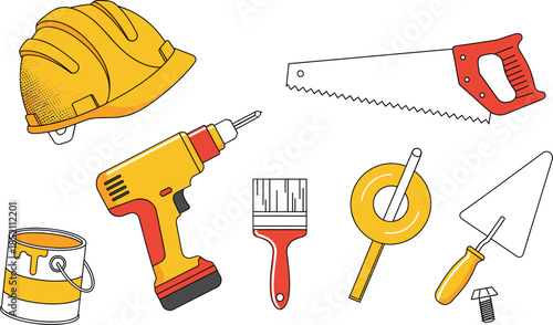 Construction and home improvement tool set including hard hat hand saw power drill paint can and brush icons in flat line style.
