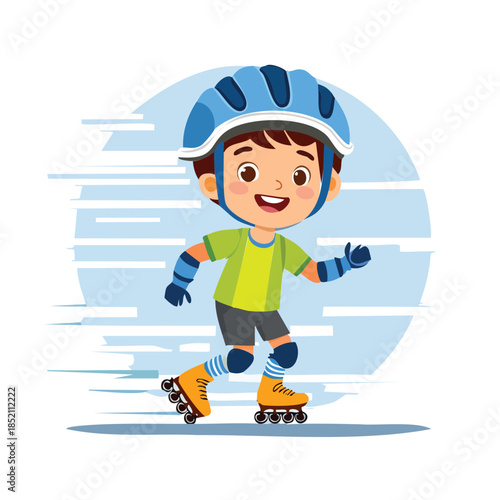 Happy Kid Roller Skating Sport Activity Cartoon Illustration
