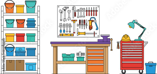 Home workshop interior with organized workbench tool chest shelving units and wall mounted hand tools in a clean line art vector style.