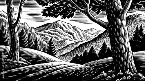 A serene landscape featuring trees and mountains in a monochrome illustration