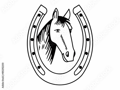 A horse's head is centered within a horseshoe, illustration