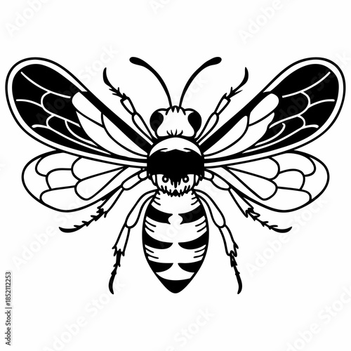 Detailed black and white illustration of a bee with striped body and outstretched wings on a white background viewed from the front