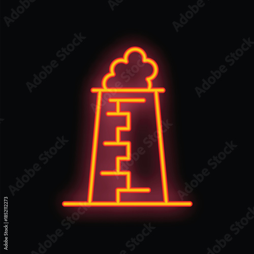 Neon style icon of a factory emitting a cloud of pollution on a black background