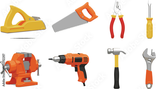 Construction and carpentry work tools set including hammer saw drill pliers wrench screwdriver and vise icons in flat vector style on white background.