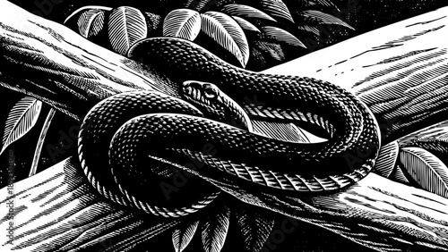 A snake coiled around wooden branches in a dark forest, viewed from a close-up perspective.