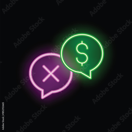 Neon speech bubble with a cross is rejecting a money offer symbolized by a dollar sign inside another speech bubble