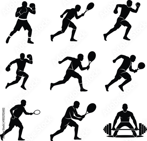 Set of male athlete silhouettes practicing sports including boxing tennis weightlifting and running icons isolated on white background for fitness and gym design.