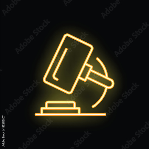 Yellow neon icon of hammer striking surface representing auction, law, court, or justice concept