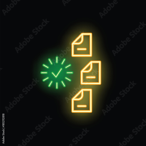 Green glowing check mark confirming three documents with neon effect are approved on black background