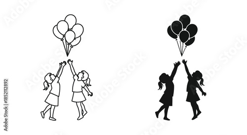 Two pairs of girls reaching for balloons one in line art one in silhouette
