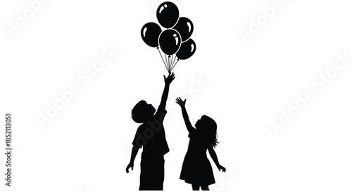 Children reaching for floating balloons a playful scene captured in black silhouette